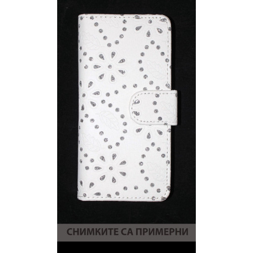 Калъф тефтер / кристали / бял за LG G2 Mini / D620