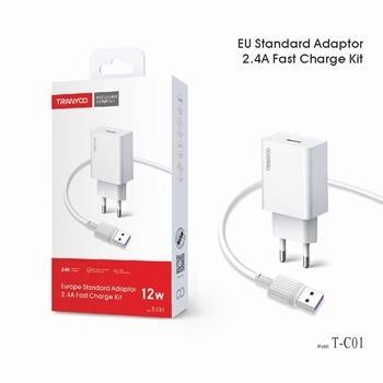 Зарядно / Адаптер 220V Tranyoo T-C01 / 2.4A QC 3.0 Lightning USB 12W / Бял / Зарядно / Адаптер 220V Tranyoo T-C01 / 2.4A QC 3.0 Lightning USB 12W / Бял /