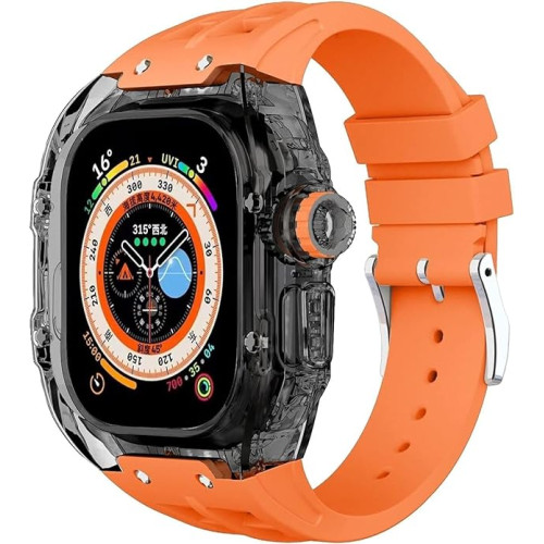 Спортен комплект / PVC калъф /черен/+ каишка/оранжева/ за Apple Watch 49mm