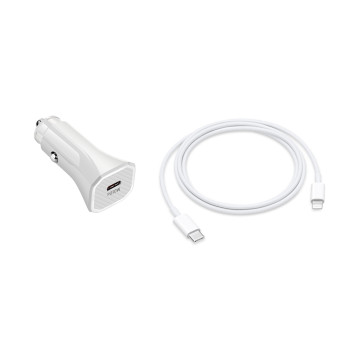 PREMIUM 12V Зарядно за автомобил / PD 20W + Type-C - Lightning кабел / Бял / PREMIUM 12V Зарядно за автомобил / PD 20W + Type-C - Lightning кабел / Бял /