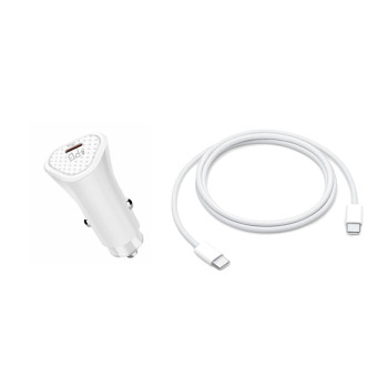PREMIUM 12V Зарядно за автомобил / PD 25W + Type-C - Тype-C кабел / Бял / PREMIUM 12V Зарядно за автомобил / PD 25W + Type-C - Тype-C кабел / Бял /