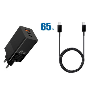 PREMIUM Зарядно/Адаптер 65W PD 220V / PD 65W / PD 25 W / USB 15W /+ PD кабел Type-C - Type-C / Черен / PREMIUM Зарядно/Адаптер 65W PD 220V / PD 65W / PD 25 W / USB 15W /+ PD кабел Type-C - Type-C / Черен /