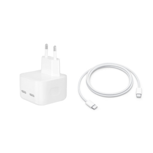 PREMIUM Зарядно/Адаптер 50W 2xPD 220V + PD Type-C - Type-C кабел / Бял /