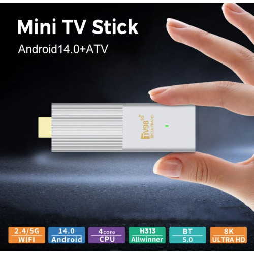 TV98 ATV W2 TV Stick 8K HDR ULTRA HD android 14.0 2GB+8GB 2.4/5G Wifi 4 Ядрен процесор Netflix Youtube Media Player