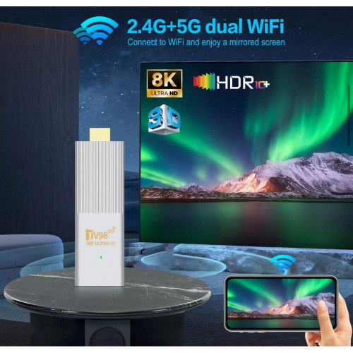 TV98 ATV W2 TV Stick 8K HDR ULTRA HD android 14.0 2GB+8GB 2.4/5G Wifi 4 Ядрен процесор Netflix Youtube Media Player