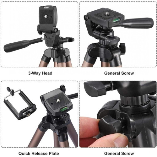 TRIPOD 3120A – Алуминиев преносим и сгъваем статив с регулируема височина и държач за телефон, 105 см