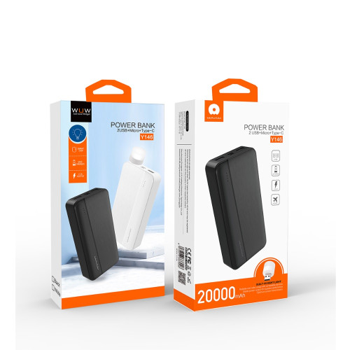 WUW Y146 2.1A POWER BANK 2X USB 1X USB-C OUT - 20,000 mAh - Черен