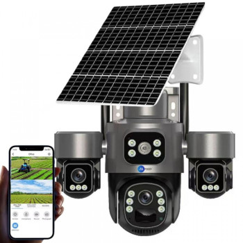 IP Соларна Камера HY-3073DS 4G 9MP 1080P с 3 обектива ( APP:V380 Pro ) HD 360 градуса с микрофон и високоговорител и LED светлина