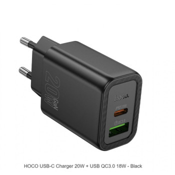 HOCO Адаптер "N61 Gentle" 20W + USB QC3.0 18W - Черен