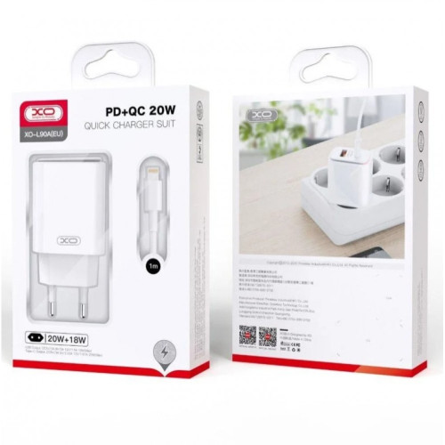 XO-L90A 20W PD Зарядно с изх. USB-C+USB PD-20W+QC18W - Type-C към Lightning