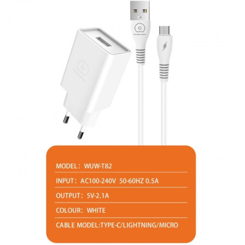 WUW T82 2.1A Зарядно с кабел USB към Type-C 1M