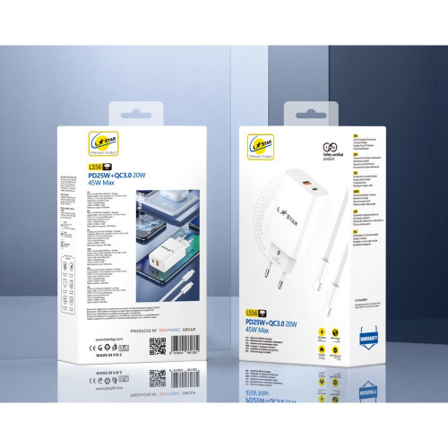 L✮Star 45W 2в1 LS56 2изх. PD(25W)+QC3.0(20W)+кабел USB-C към USB-C