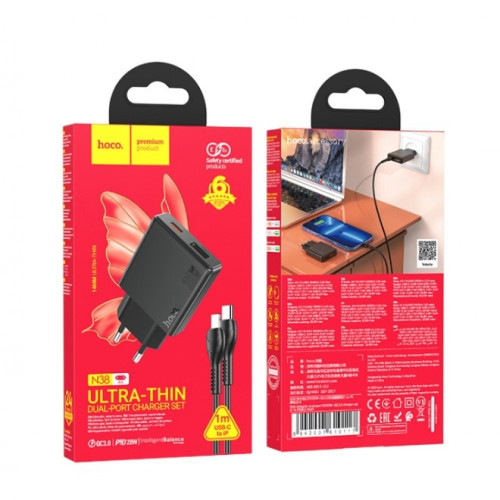 HOCO N38 Тънко Зарядно с Кабел TYPE-C към Lightning PD-20W QC-3.0 1M HOCO N38 Тънко Зарядно с Кабел TYPE-C към Lightning PD-20W QC-3.0 1M
