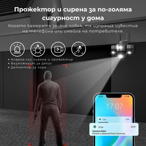 V380-SQ11 СОЛАРНА!!! ТРОЙНА IP Камера ( APP:V380PRO) Въртяща водоустойчива WiFi камера с 3 обектива