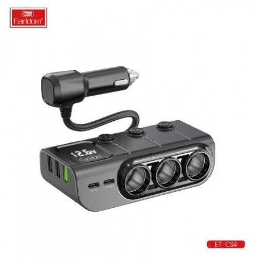 EARLDOM Разклонител за запалка ES-CS4, 3 запалки, 2 ТИП-C PD изхода и 3*USB ИЗХОДА, с кабел, черен