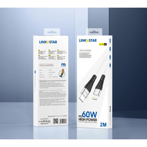 LINK★STAR LS-232 100W Плетен Type-C към Lightning кабел 2M Fast Charge - Бял