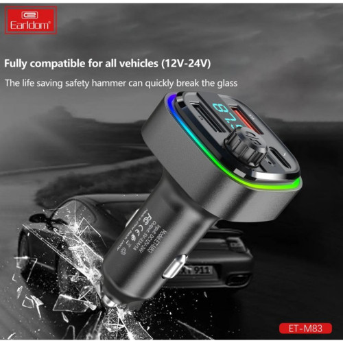 EARLDOM M83 FM Трансмитер с бързо зареждане за кола 1USB-C2USB 3.1A с амбиентно осветление