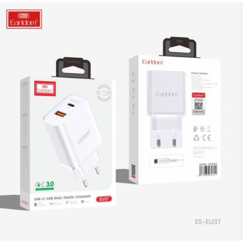 Earldom EU37 Зарядно PD-20W+QC 3.0A. с кабел USB към Lightning 1M.