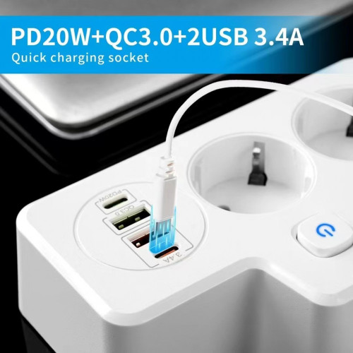 Разклонител BKL-502EU (бял) Overload Protection 3250W, 100-250V, 50/60Hz, QC PD 20W