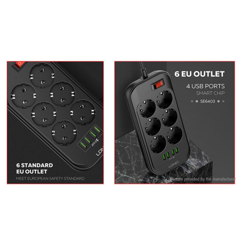 LDNIO SE6403 2500W 4USB зарядно устройство за телефон 6 EU Outlet Power Strip За универсален мобилен телефон