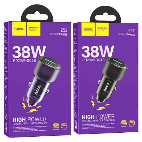 HOCO адаптер 12V Z52 с 2 изходa USB QC3.0 и USB-C PD20W - Черен HOCO адаптер 12V Z52 с 2 изходa USB QC3.0 и USB-C PD20W - Черен