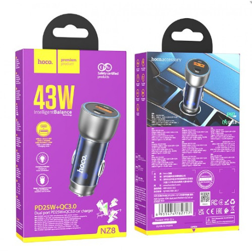 HOCO NZ8 12v. зарядно за кола 43W QC3.0USB+PD25W Dual Port - Син