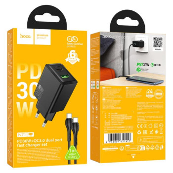 HOCO N71 PD30W + USB QC3.0 зарядно+ кабел Type-C към Type-C - Черен HOCO N71 PD30W + USB QC3.0 зарядно+ кабел Type-C към Type-C - Черен