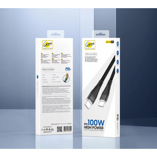 L✮Star LS-23 PD100W Плетен Кабел Fast Type-C към Type-C - Черен