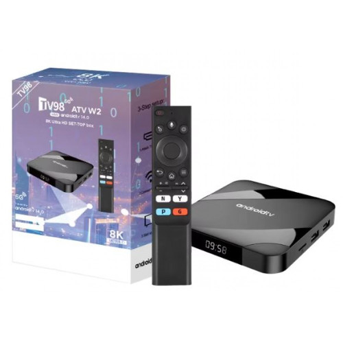 TV98 ATV W2 TV Box 8K HDR ULTRA HD android 14.0 4GB+64GB 2.4/5G Wifi 4 Ядрен процесор Netflix Youtube Media Player