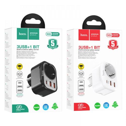 Разкл. HOCO NS3 с 1 гнездо+2 USB-A 2.4A+1 PD USB-C 4000W - Черен