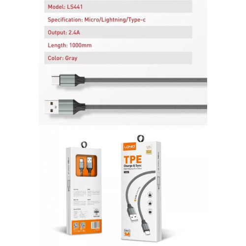 LDNIO Кабел LS441 1M 2.4A Fast USB към Type-C