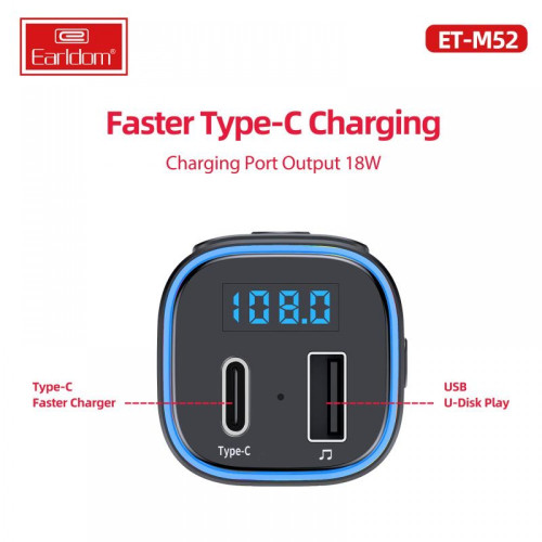 EARLDOM Трансмитер с Bluetooth ET- M52 V5.0 1изх.QC3.0 1изх.PD30W
