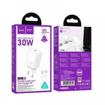 HOCO N62 USB-C 30W зарядно устройство с Type-C към Type-C кабел - Бял HOCO N62 USB-C 30W зарядно устройство с Type-C към Type-C кабел - Бял