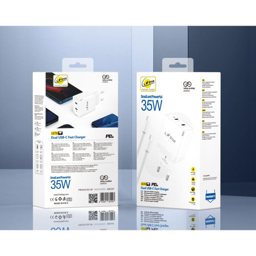L✮Star LS76 2в1 PD35W с два USB-C порта GaN+кабел USB-C към Lightning