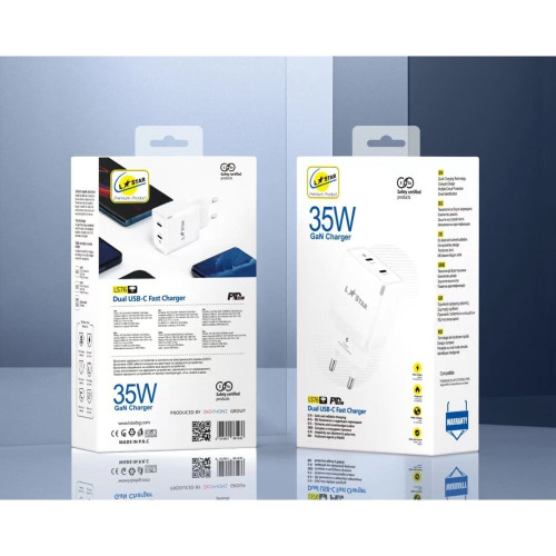 L✮Star LS76 2в1 PD35W с два USB-C порта GaN+кабел USB-C към Lightning