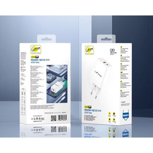 L✮Star 45W 2в1 LS56 2изх. PD(25W)+QC3.0(20W)+кабел USB-C към Lightning