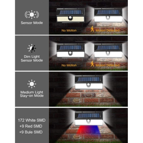 CL-S190 LED соларна лампа 190 SMD Водоустойчив PIR сензор за движение стенна лампа синьо червено