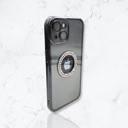 Безцветен кейс+камера DM1 с камъни за iPhone 15 Plus - Черен
