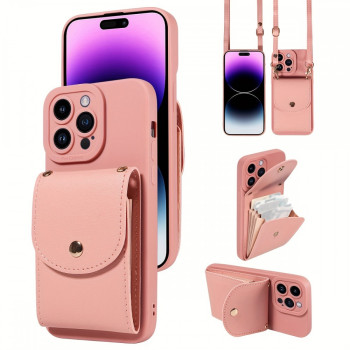 TP-110 Луксозен Кейс за iPhone 14 Pro Max с връзка и портфейл - Розов