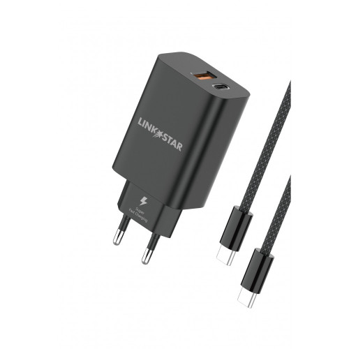 L✮Star 45W 2в1 LS56 2изх. PD(25W)+QC3.0(20W)+кабел USB-C към USB-C - Черен