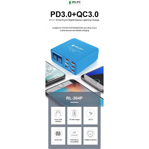 RELIFE PD 3.0 RL-304P БЪРЗО ЗАРЯДНО УСТРОЙСТВО SMART 6-ПОРТОВО ЦИФРОВО ДИСПЛЕЙ ЗА МЪЛНЕНИЕ