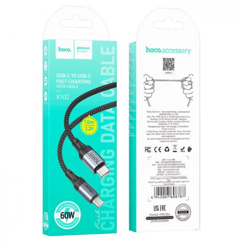 HOCO Кабел “X102 Fresh” 60W Type-C към Type-C (1M) - Черен