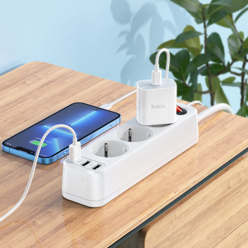 Разклонител HOCO NS2 с 3 гнезда+3 USB порта 2.4A 4000W - Бял
