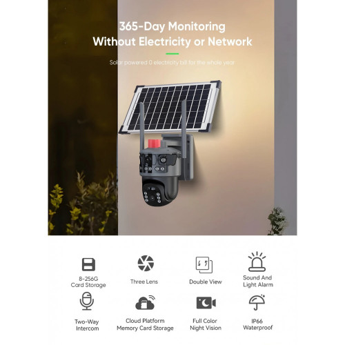 IP Соларна Камера HY-ZS33-4G 8MP 1080P с 3 обектива ( APP: V380 PRO ) HD 360 градуса с микрофон и високоговорител и LED светлина IP Соларна Камера HY-ZS33-4G 8MP 1080P с 3 обектива ( APP: V380 PRO ) HD 360 градуса с микрофон и високоговорител и LED светлина