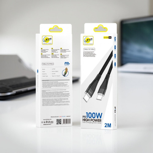 L✮Star LS-232 100W Плетен Кабел Fast Type-C към Type-C 2M - Черен L✮Star LS-232 100W Плетен Кабел Fast Type-C към Type-C 2M - Черен