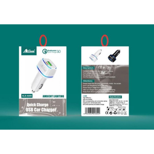 ALLISON A600 12V 18W Адаптер с 2 изхода PD18W+QC3.0 с LED осветление - Бял