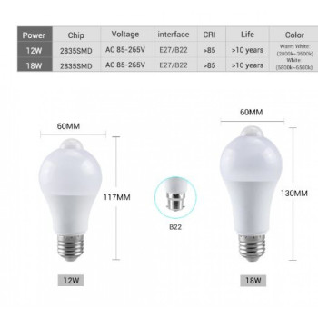 GY-020 12W PIR LED Интелигентна крушка със сензор за движение ВКЛ./ИЗКЛ. 220V 110V 12W