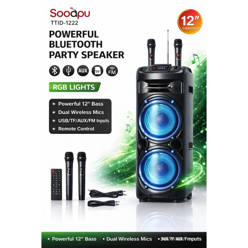 TTD-1222 12" 1000W Безжична колона говорител субуфер+ 2 безжични микрофони TTD-1222 12" 1000W Безжична колона говорител субуфер+ 2 безжични микрофони