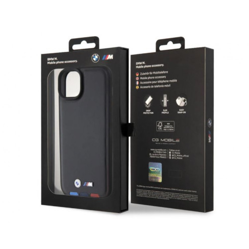 4418 BMW iPhone 15 & 14 Plus естествена кожа заден капак - трицветен печат - черен
