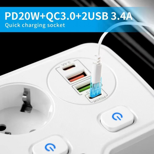 Разклонител BKL-503EU (бял) Overload Protection 3250W, 100-250V, 50/60Hz, QC PD 20W с Тъч